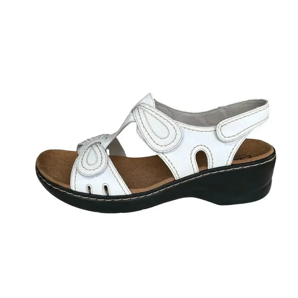 New Clark's Lexi Walnut Q Wedge T-Strap Sandal White Leather Size 11 - Picture 1 of 10
